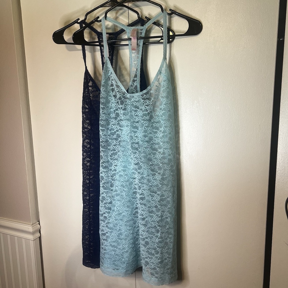Y2K Victoria's Secret (Lot Of 2) Blue Stretchy Lace Slip Tank Dress Lingerie